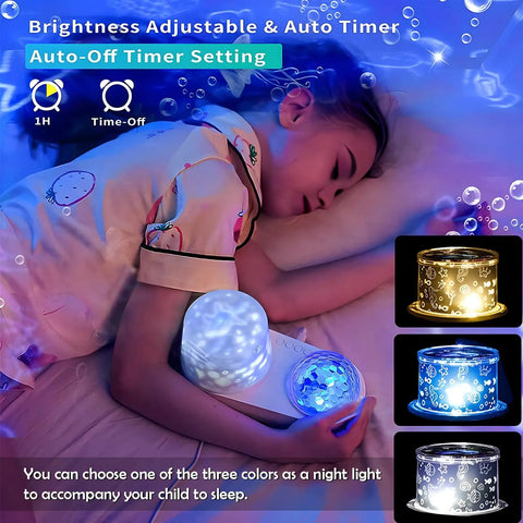 Child sleeping with 360 Degree Rotating Ocean Night Light Projector, jellyfish lamp, shows timer and color options.