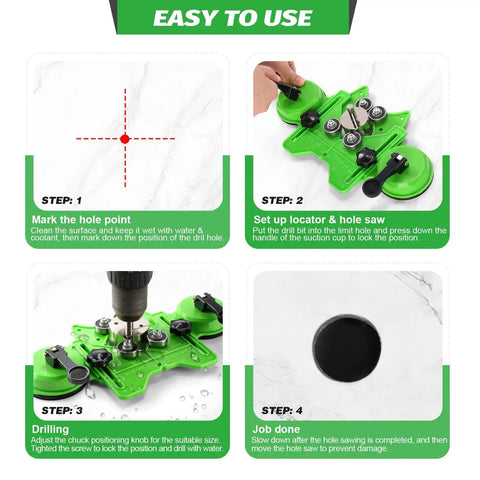 Ultimate 15 Piece Diamond Hole Saw Kit With Double Suction Jig Fits All Sizes From 6 To 50mm For Smooth Drilling On Tile Glass Marble Granite Porcelain And Ceramic Without Slipping Or Cracking In Wet Or Dry Conditions. Step-by-step drilling guide