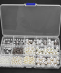 Top-Notch Hand Press Pearl Setting Machine For Crafting, clear storage box with various sizes of round pearls and rivets.