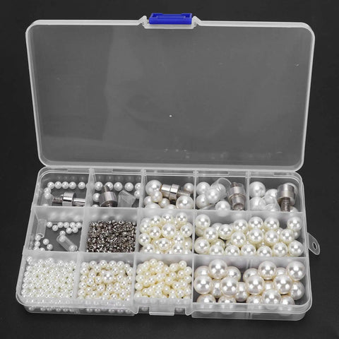 Top-Notch Hand Press Pearl Setting Machine For Crafting, clear storage box with various sizes of round pearls and rivets.