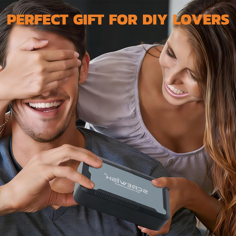 Couple smiling while holding 66 In 1 Magnetic Ratcheting Screwdriver Set With Pivot T Handle, gift for DIY lovers.