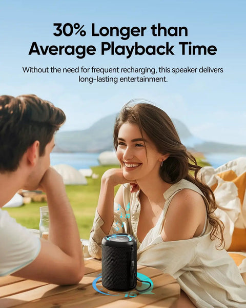 People enjoying music from Beach Essentials Bluetooth Speaker With Crystal Clear Sound IPX5 Waterproof on a sunny day outdoors.