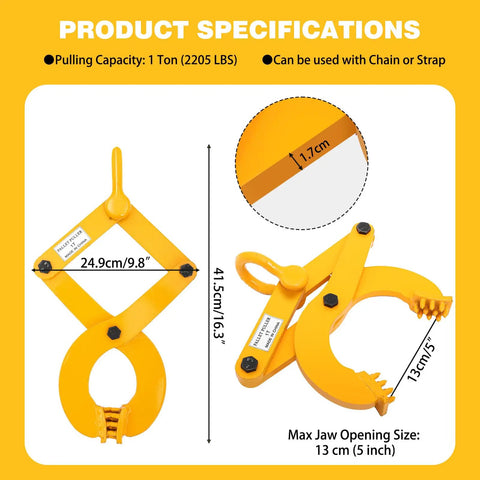 Heavy Duty Pallet Puller 1 Ton Capacity Scissor Clamp For Forklift Chain With 5 Inch Jaw Opening, shown side view, yellow steel.