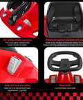 Close-up of Electric Go Kart Drift Ride On Toy, showing adjustable seat, steering wheel, pedals, and battery compartment in red.