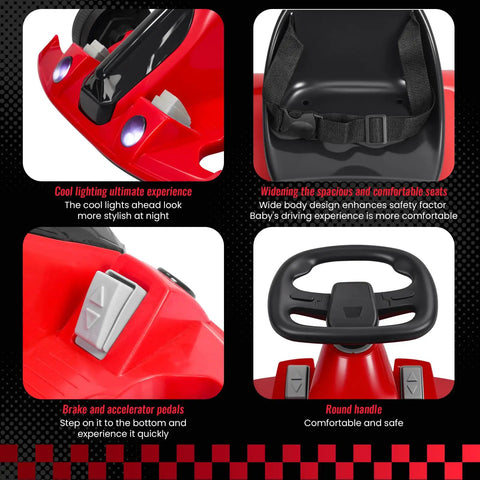 Close-up of Electric Go Kart Drift Ride On Toy, showing adjustable seat, steering wheel, pedals, and battery compartment in red.