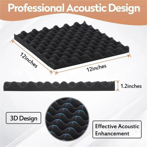 Heavy Duty Peel And Stick Soundproof Foam Acoustic Wall Panels High Density Noise Dampening Blocks in 12x12 inches with 3D wave design.
