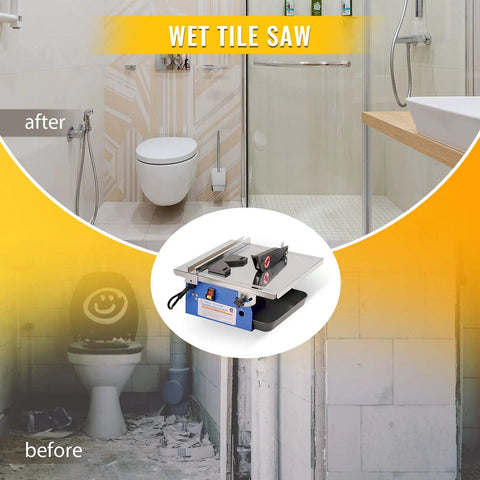 Heavy Duty Seven Inch Electric Wet Tile Saw Brings Hardcore Power With A Fast Induction Motor Handling Zero To Forty Five Degree Bevel Cuts While The Adjustable Rip Fence Miter Gauge And Cool Water Reservoir Deliver No Sweat Precision Cutting