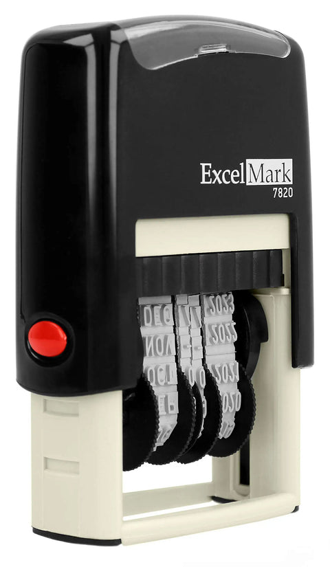 Built Tough Self Inking Date Stamp For Shipping And Expiration Tags Black Ink With Spin Bands visible at an angle.