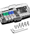 12V Fused Power Distribution Block For Car Stereo, 4-Way MIDI Fuse Block With Ground, clear cover with fuses and wiring screws