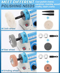 Heavy Duty Workhorse Bench Buffer Polisher Kit featuring flexible shaft, cloth wheel, fiber wheel, and grinding wheel for various polishing needs.