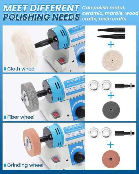 Heavy Duty Workhorse Bench Buffer Polisher Kit featuring flexible shaft, cloth wheel, fiber wheel, and grinding wheel for various polishing needs.