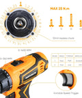 Close-up of 21V Max Cordless Drill Kit With Three Eighths Inch Metal Chuck showcasing variable speed and clutch settings.