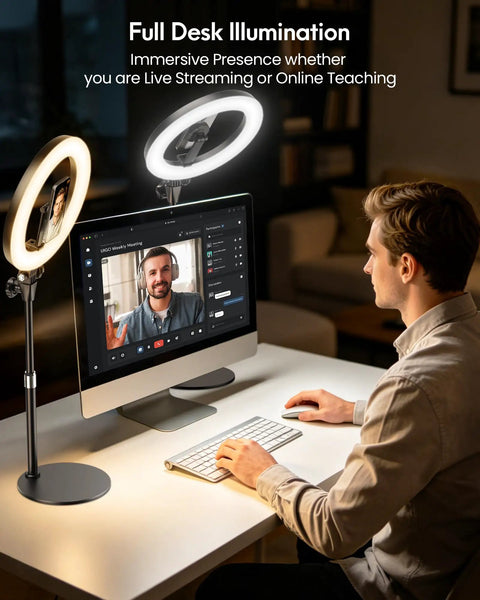 Person using 10.5 Inch Ring Light Desk Kit with Magnetic Phone Holder for video call, showing adjustable height and tilt.