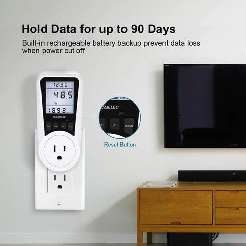 Plug In Energy Meter With Real Time Cost Tracking And Backlit Display For Easy Readouts, Overload Protection, Kilowatt Wattage Voltage Amp Tester, installed on wall outlet.