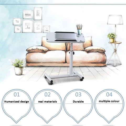 Smooth Operator Height Adjusting Overbed Table Rolling Desktop Stand Up Computer Workstation Multi Purpose Serving Tray on wheels next to a couch.