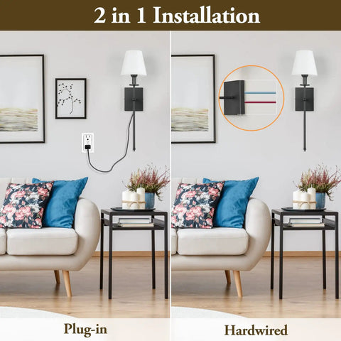 Two Pack Slim Wall Sconces With White Fabric Shades Plug In Or Hardwired Indoor Wall Lights Matte Black in living room setting