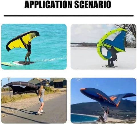 Various uses of Inflatable Windsurf Wing For Water Sports Handheld Wingsurfer Kite With Clear Window by users on different terrains.