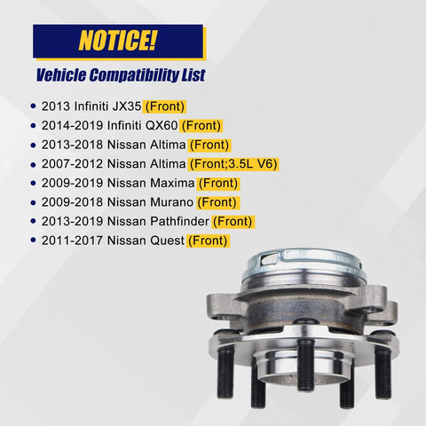 Direct Fit OEM Grade Front Wheel Bearing And Hub Assembly 513296 for Nissan Altima, Maxima, Pathfinder, Murano, Infiniti