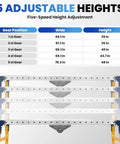 Pro Grade Folding Welding Table Built Tough With Hella Sturdy Steel Frame, adjustable height chart showing five positions.