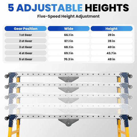 Pro Grade Folding Welding Table Built Tough With Hella Sturdy Steel Frame, adjustable height chart showing five positions.