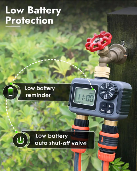 Two Zone Hose Timer With Brass Inlet And Outlet, Auto And Manual Modes, Rain Delay, IPX5 Waterproof in garden setting