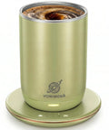 Gotta Have This Self Stirring Heated Coffee Mug With 10 Oz Auto Magnetic Mixing Cup Sage Green on a heating base with swirling coffee.