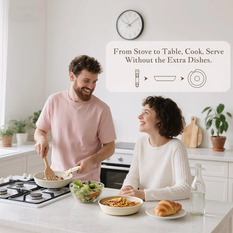 Couple using Detachable Handle Non Toxic Ceramic Pots And Pans Set With PFAS PFOA PFOS Free PTFE Free Nonstick Cookware in kitchen