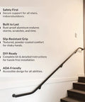 Outdoor Aluminum Handrail Kit for stairs shown mounted on an indoor wall, emphasizing rust-resistant and slip-resistant design features.