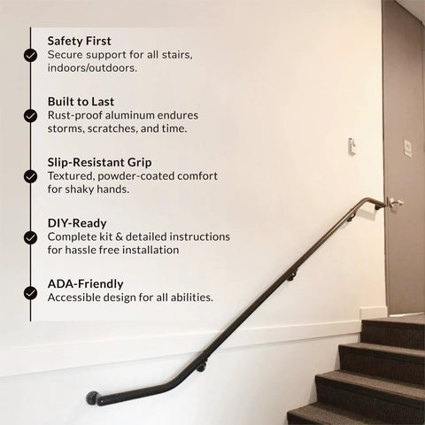 Outdoor Aluminum Handrail Kit for stairs shown mounted on an indoor wall, emphasizing rust-resistant and slip-resistant design features.
