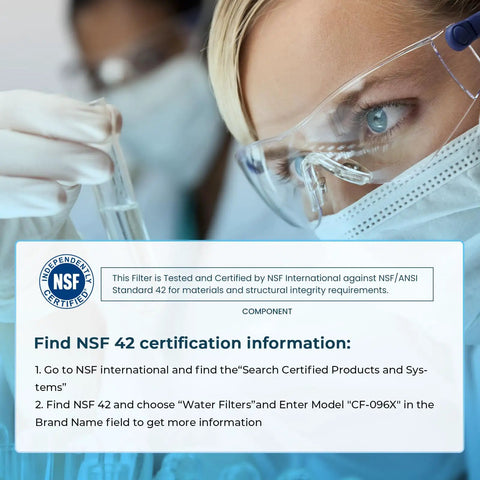 Close-up of a scientist with protective gear examining a water filter certification for Heavy Duty Replacement Water Filters Compatible With Jura 71794 Claris Smart System Six Pack Coffee Machine Cartridges for Straight Up Clean Taste And No Limescale Nonsense.