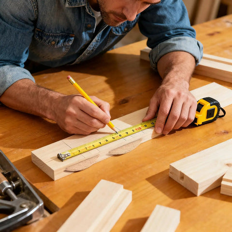 Bearded craftsman measuring wood with tape, preparing Beechwood Joiner Biscuits Set 150 Pieces No 0 No 10 No 20 for precise joints