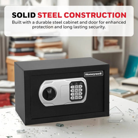 Compact home safe with digital and key lock, DOJ-approved personal security box for cash jewelry passports, 0.28 cu ft black shown.