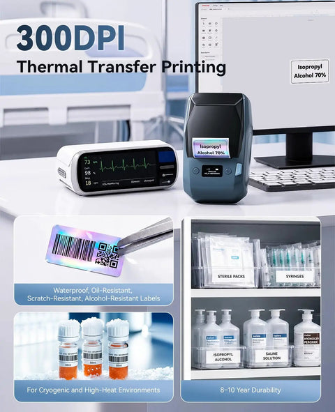 M2 300 Dpi Thermal Transfer Label Maker For Waterproof Barcodes And QR Codes Built Different showing labels on medical supplies.