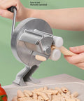 Hand Crank Cavatelli Pasta Maker For Homemade Italian Pasta Manual Roller Machine For Gnocchi And Spaghetti Aluminum Alloy Pasta Roller No Power Needed Beginner Friendly Kitchen Tool in use.