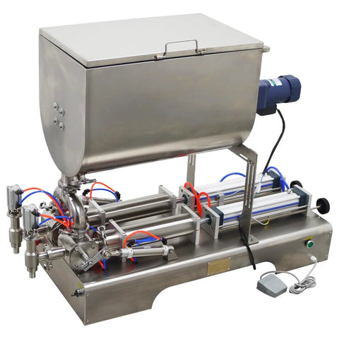 Heavy Duty Double Head Pneumatic Paste Filling Machine With Horizontal Mixing Hopper For Sauces And Creams Precision Piston Dispenser 100 To 1000 Ml, stainless steel construction with detailed pneumatic system.