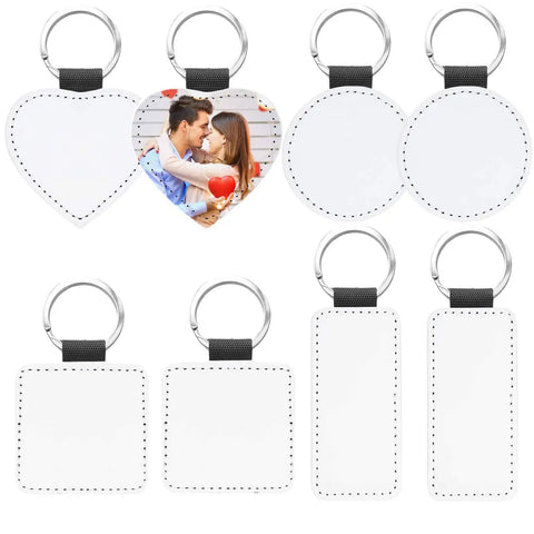 Sublimation Keychain Blanks Set PU Leather Heat Transfer Key Rings Eight Pack with various shapes and white sublimating surface