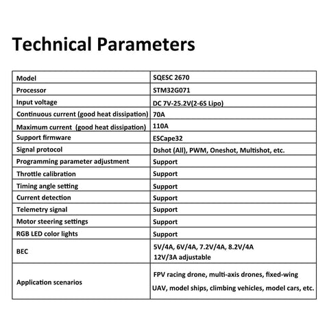 Technical parameters of Beefy 70A Brushless RC ESC For 2-6S LiPo With 128KHz Control, including model, processor, voltage, and features.