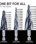 Four Spiral Flute Cobalt Step Drill Bit Set Pro Max Three Piece One Eighth to Seven Eighth Inch Hex Shank Impact Ready Unibit
