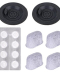 Pro Grade Espresso Maintenance Kit For Luxe Coffee Machines With 2 backflush discs, 4 carbon filters, 8 care tablets visible
