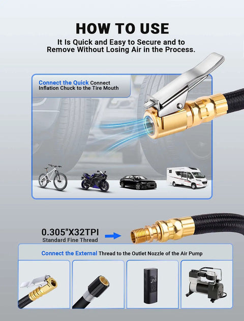 Detailed guide on using 12 Inch Tire Inflator Extension Hose With Clip On Air Chuck Adapter for quick inflation on vehicles.