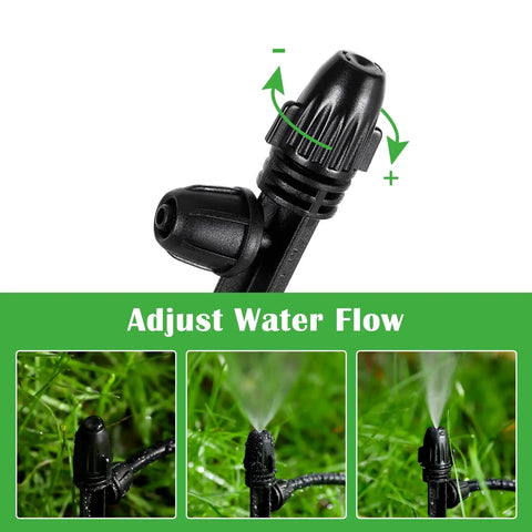Close-up of Two Dozen Pcs Drip Irrigation Misting Emitters with 360 Degree Adjustable Atomizing Nozzles for One Quarter Inch Tubing.
