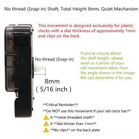 Hassle Free Snap In Dial Quartz Clock Movement Kit With Sleek Straight Hands For Quick No Thread Wall Clock Fixes And Chill Weekend Crafts Total Game Changer, 8mm shaft and quiet mechanism side view.