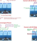 Three Channel 5V Relay Module With Optocoupler Isolation for Arduino Projects, wiring diagrams with AC, DC motors, 63x42mm board