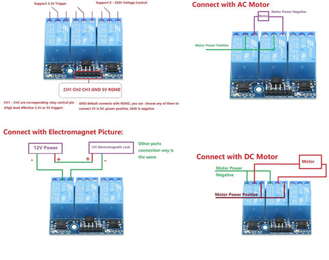Three Channel 5V Relay Module With Optocoupler Isolation for Arduino Projects, wiring diagrams with AC, DC motors, 63x42mm board