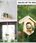 Collage showing indoor plant hanger and outdoor birdhouse using eye hooks to hold up to 150 lbs.