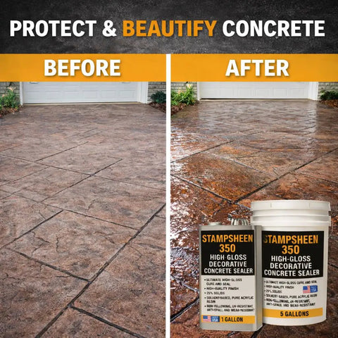 High Gloss Wet Look Concrete Sealer Solvent Based Acrylic Cure And Seal UV Resistant Non Yellowing Formula on stamped concrete before and after application.