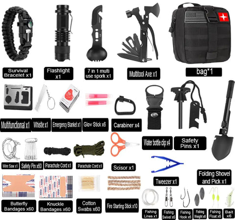 310 Piece Survival Gear Kit With Emergency First Aid showcasing various tools, medical supplies, and a tactical bag for outdoor use.
