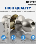 Keyed Entry Door Knob With Lock Satin Nickel Finish All Metal Construction Includes Three Keys Adjustable Backset From Two And Three Eighths Inches To Two And Three Quarters Inches displayed on a gray surface with labeled features.