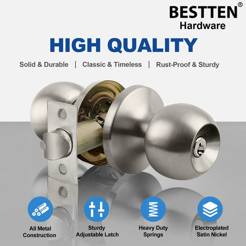 Keyed Entry Door Knob With Lock Satin Nickel Finish All Metal Construction Includes Three Keys Adjustable Backset From Two And Three Eighths Inches To Two And Three Quarters Inches displayed on a gray surface with labeled features.