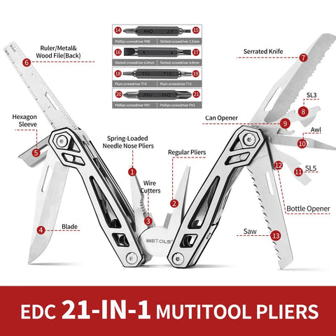21 In 1 Stainless Steel Multitool With Pliers And Pocket Knife For Home, Camping, And Survival, showing tool features